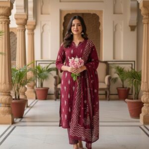Maroon Printed Kurta Pant Dupatta Set