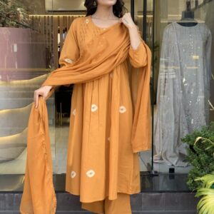 Mustard Embroidered Kurta Plazo Dupatta Set