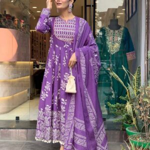 Purple Printed Anarkali Suit Set with Dupatta