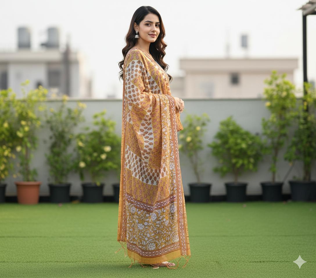 Blue Handloom Kurti Pant Dupatta Set - Image 2