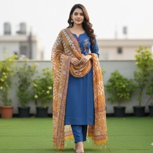 Blue Handloom Kurti Pant Dupatta Set