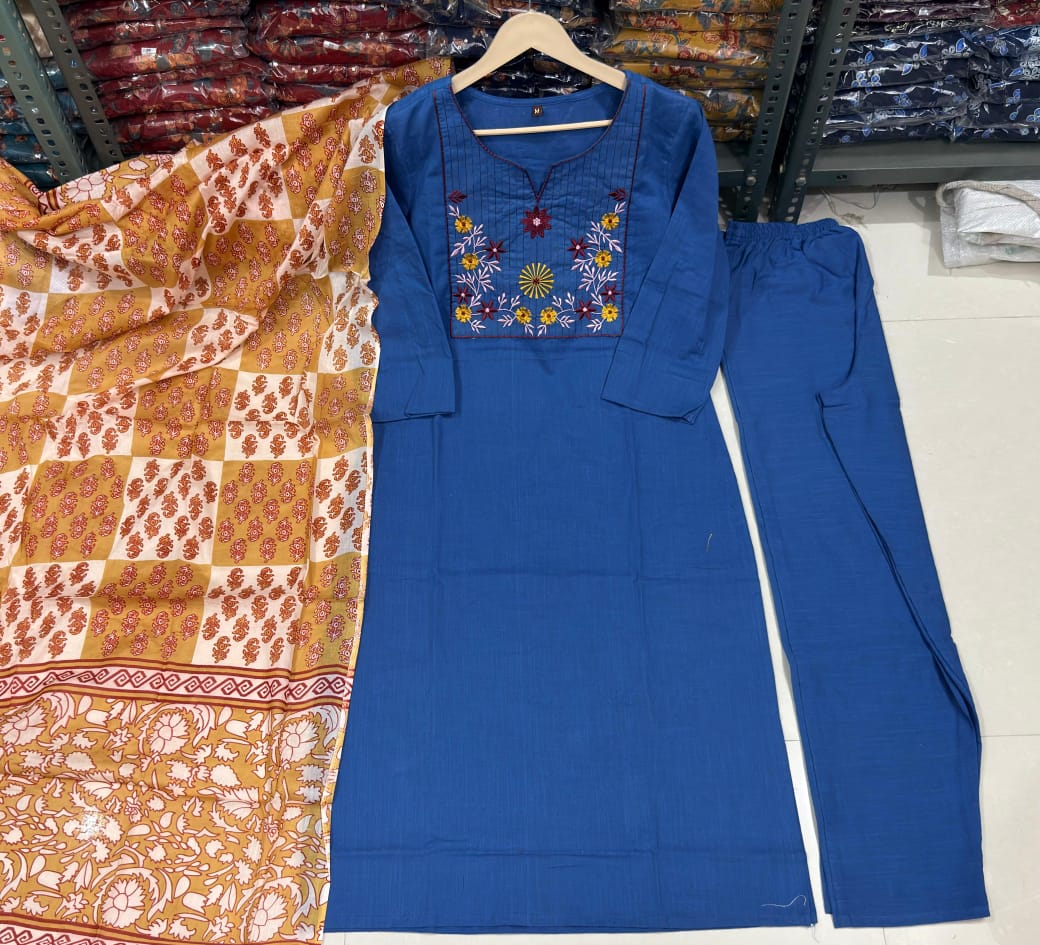 Blue Handloom Kurti Pant Dupatta Set - Image 4