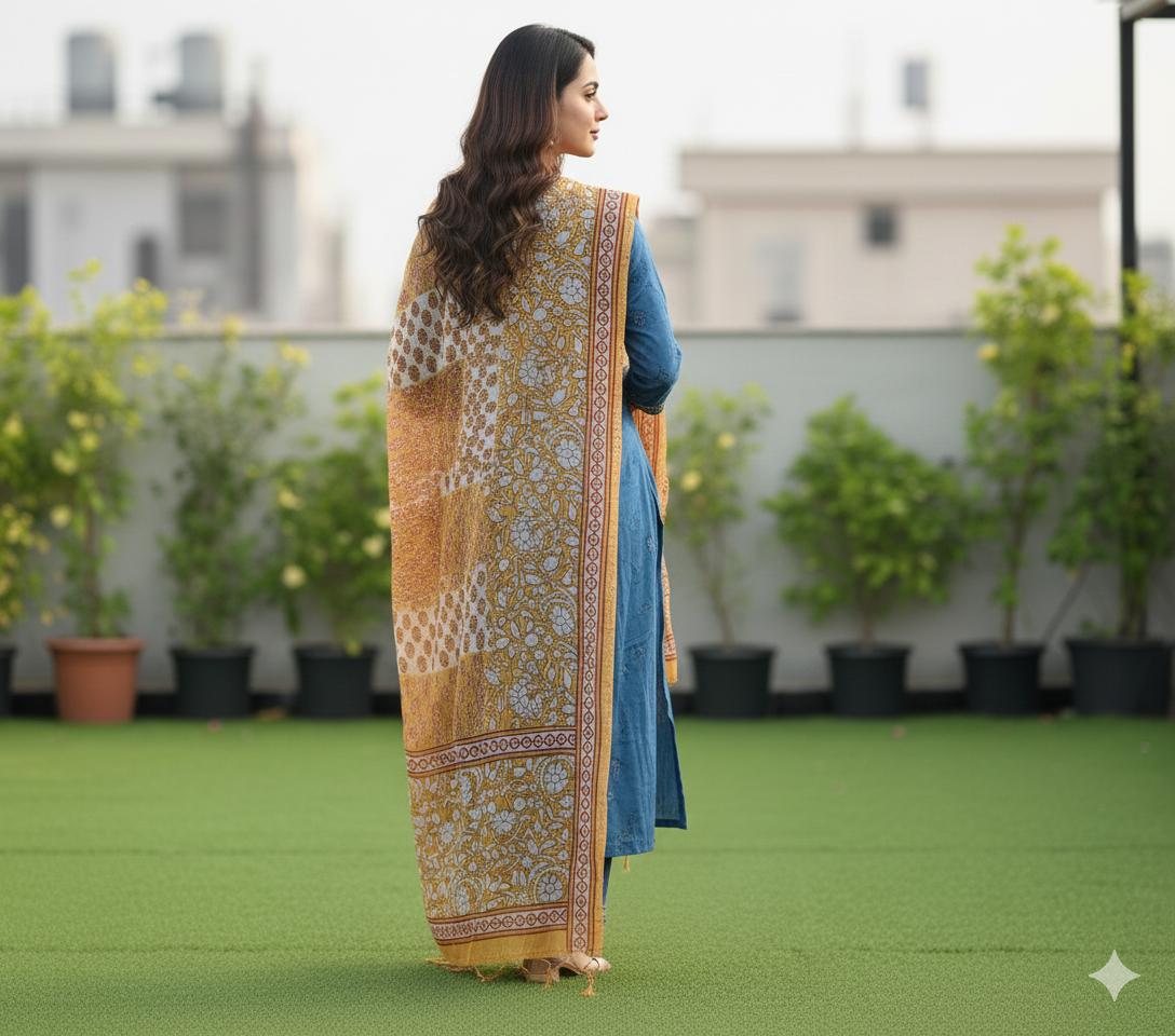 Blue Handloom Kurti Pant Dupatta Set - Image 3