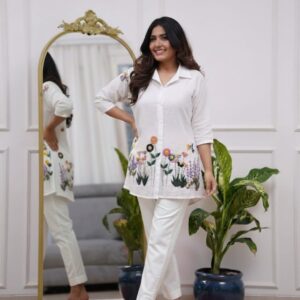 White Floral Embroidered Cotton Co-Ord Set (Shirt & Pants) (Copy)