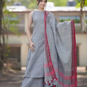Elegant Grey A-Line Kurti Set with Linen Dupatta