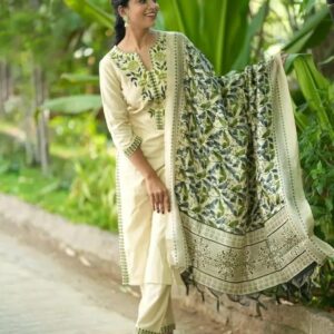 Elegant Cream Cotton Flex Kurta Set with Khadi Silk Dupatta
