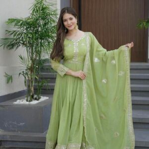 Elegant Pistachio Green Cotton Flared Kurti Set