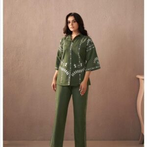 Elegant Olive Green Embroidered Co-Ord Set