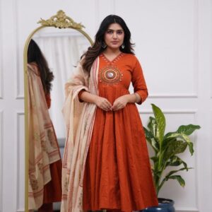 Rust Mirror Work Anarkali Suit Set